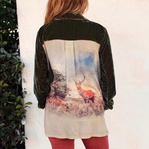 Velvet blouse with wooded deer scene on back